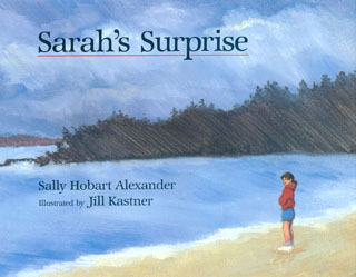 Sarah's Surprise. Cover showing a little girl with a red shirt and blue pants standing on the beach, looking out at the ocean and the somewhat stormy sky.